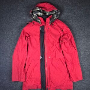 Vtg Liz Claiborne Women's Red Hooded Parka Jacket Plaid Lined Winter Coat Size L